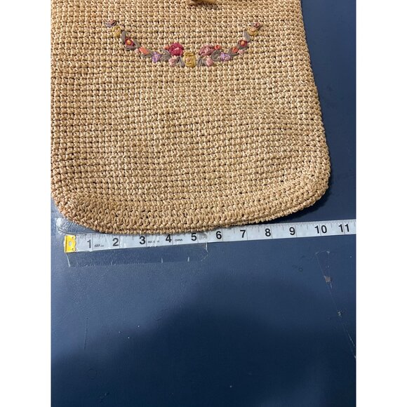 Straw Shoulder Bag Floral Embroidery & Leaf Button Closure Boho Beach Lagenlook - Picture 5 of 9